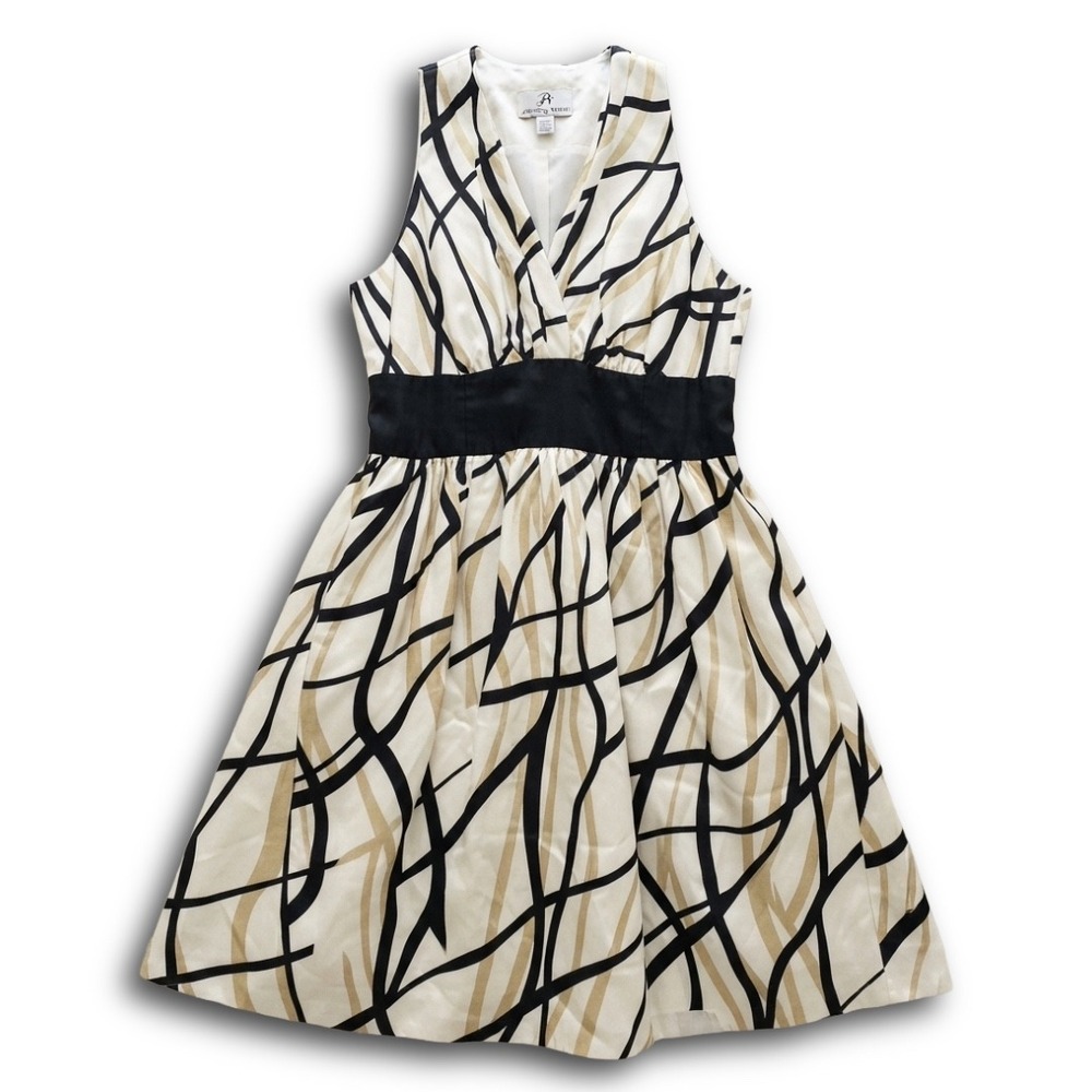 Evan-Picone Women Black Tan Abstract Geometric V-Neck Fit Flare Dress Size 16